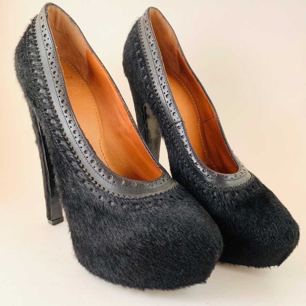 Givenchy Black Pony Brogue Platform Pumps